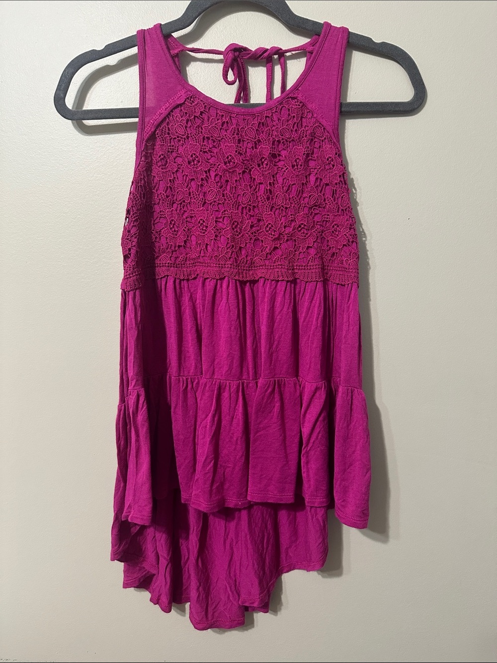 Belle Du Jour Fuchsia Lace-Front Tiered Tank Top